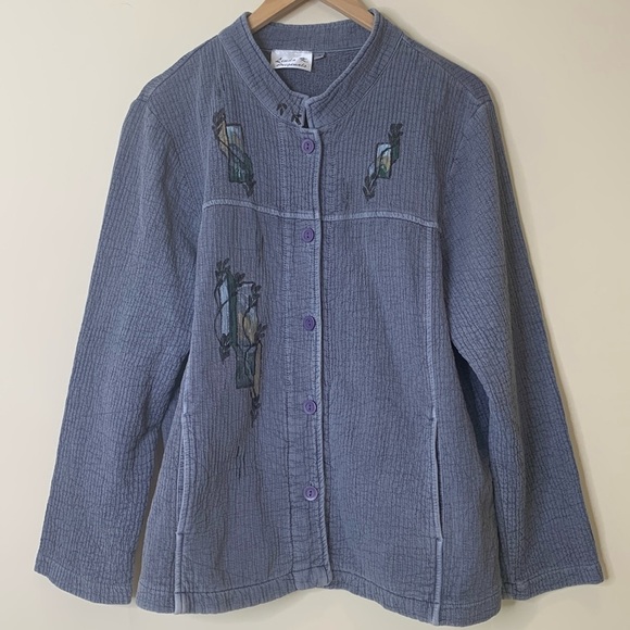 Linda K Originals | Blue Hand Painted Button Down Textured 100% Cotton Jacket M - Picture 1 of 17